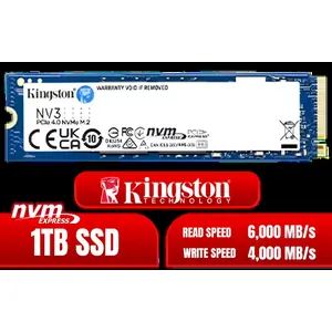 Kingston 1000G NV3 NVMe SSD / Up to 6,000MB/s Read / Up to 4,000MB/s Write / PCIe 4.0 x4 NVMe / M.2 2280 Form Factor / SNV3S/1000G