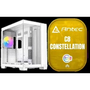 Antec C8 White, 2 x 160mm ARGB PWM Reverse fans + 1 x 140mm ARGB PWM Fan, RTX 40 Compatible, Dual-Chamber, tooless Design, Type-C, 360mm Radiator Support, Seamless Tempered Glass Front & Side Panels, High Airflow Full-Tower E-ATX PC Case / 0-761345-10028-1