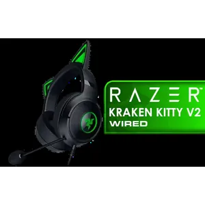 Razer Kraken Kitty V2 Wired RGB Headset with Kitty Ears - Black / Stream Reactive Lighting / HyperClear Cardioid Mic / Triforce 40mm Drivers / 7.1 Surround Sound / RZ04-04730100-R3M1