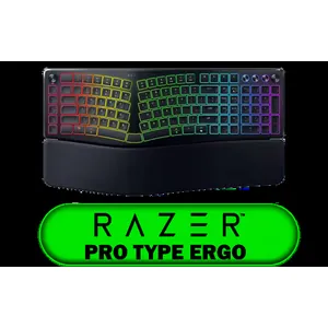 Razer Pro Type Ergo Wireless Keyboard / Split Ergonomic Layout Adjustable Tilt / 10° Slope Wrist Strain Reduction / Low Profile Fingertip Keycaps / Faster Typing Reduced Finger Travel / Command Dial Macro Keys Control / AI Prompt Master One-Touch Actions / Plush Integrated Wrist Rest Comfort