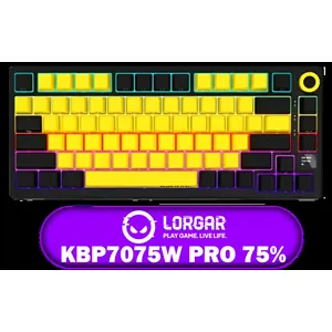 LORGAR KBP7075W Pro 75% Wireless Mechanical Gaming Keyboard – Black/Yellow / 81 Keys / Toxic Purple Linear Switches / Hot-Swappable / Gasket Mount / OLED Display / RGB Lighting / Triple Mode Connectivity / Multimedia Knob / Up to 312H Battery / Detachable Cable