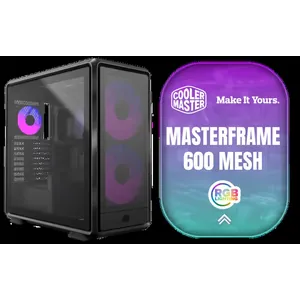 Cooler Master MasterFrame 600 Mesh ARGB Mid-Tower PC Case - Black / Tempered Glass Side Panel / Supports E-ATX Motherboards / FreeForm 2.0 Exo-Structure PC Case / Modular Open-Frame Design / 485mm GPU Clearance / Includes GPU Support Bracket / 2x SickleFlow 200 ARGB Pre-installed Fans / 1x SickleFlow 120 ARGB Pre-installed Fan / MF600M-KGNN-S01
