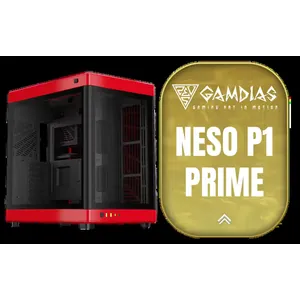 Gamdias Neso P1 Prime Lifestyle E-ATX Gaming Case - Black/Red / Modular Orientation / Full Panoramic Display / Supports Motherboards up to E-ATX / Trapezoid Shaped for Horizontal Desktop and Vertical Tower Setup / No Fans Included