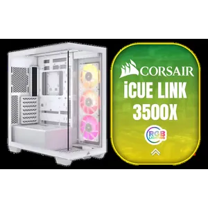 Corsair iCUE LINK 3500X RGB Mid-Tower Gaming E-ATX PC Case - White / 3x Pre-installed iCUE LINK RX120 fans with iCUE LINK System Hub / Supports up to 10x 120mm Fans / Supports Motherboards up to E-ATX / Supports up 360mm Radiator / Removable Glass Panels / Supports Reverse Connection Motherboards / CC-9011281-WW