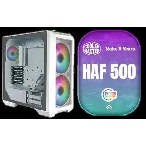 Cooler Master HAF 500 White High Airflow ATX Mid-Tower, Mesh Front Panel, Dual 200mm Customizable ARG Lighting Fans, Rotatable GPU Fan, USB 3.2 Gen 2 Type C and Tempered Glas / H500-WGNN-S00