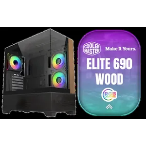 Cooler Master Elite 690 Wood Mid-Tower Gaming Case - Black / ITX, Micro-ATX, ATX Motherboard Support / Up to 9 Case Fans / Pre-installed 3x 120mm ARGB Fans / E690-KHNN-S00