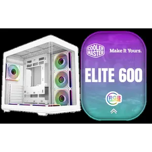 Cooler Master Elite 600 Mid-Tower PC Case - White / Tempered Glass Side Panel / Supports ATX Motherboards / USB 3.2 Gen 2x2 Type-C / Dual 360mm Radiator Support / Full-Size GPU Support up to 425mm / Tool-Free Access Design / Versatile Multi-Fan Cooling Options / 4x Pre-Installed 120mm ARGB Fans / E600-WGNN-S01